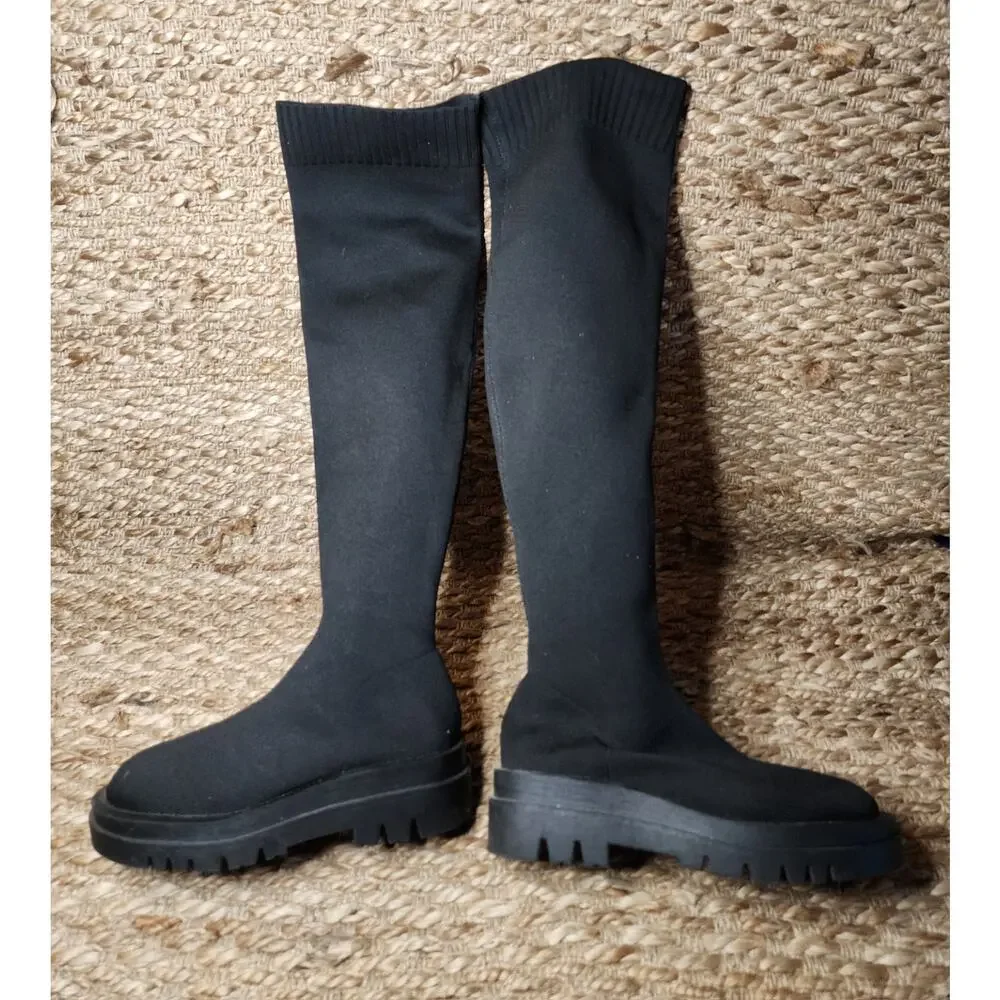 Women's Stretch Over The Knee Black Boots Thigh High Chunky Heel Winter Size 7